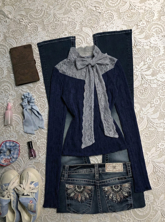 retro lace bow long-sleeved shirt