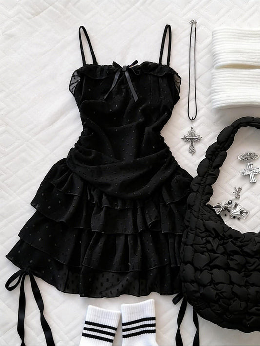 dark coquette bow mesh dress