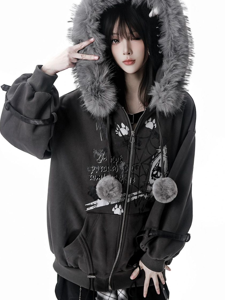 acubi gray fur hooded jacket