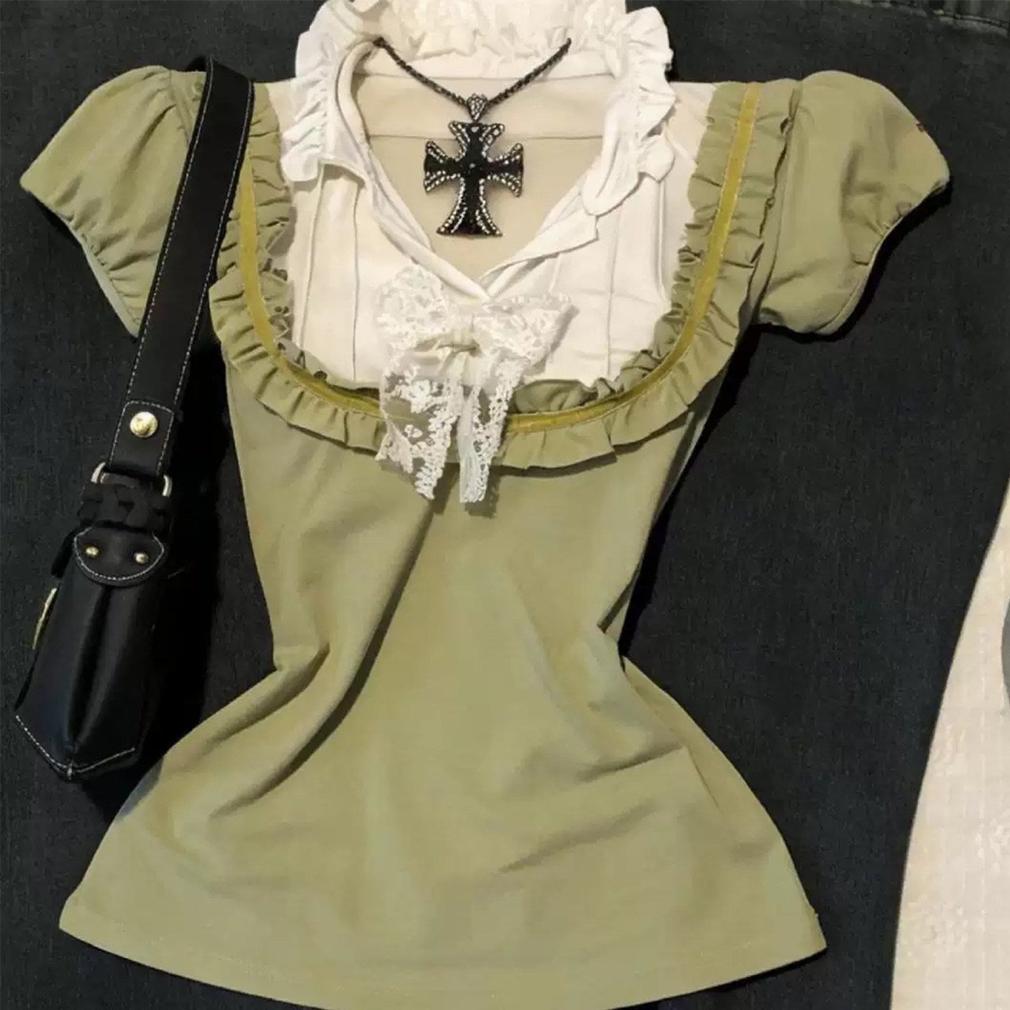 y2k vintage ruffle green shirt