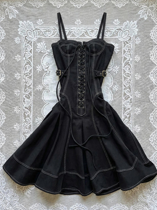 denim corset straps dress