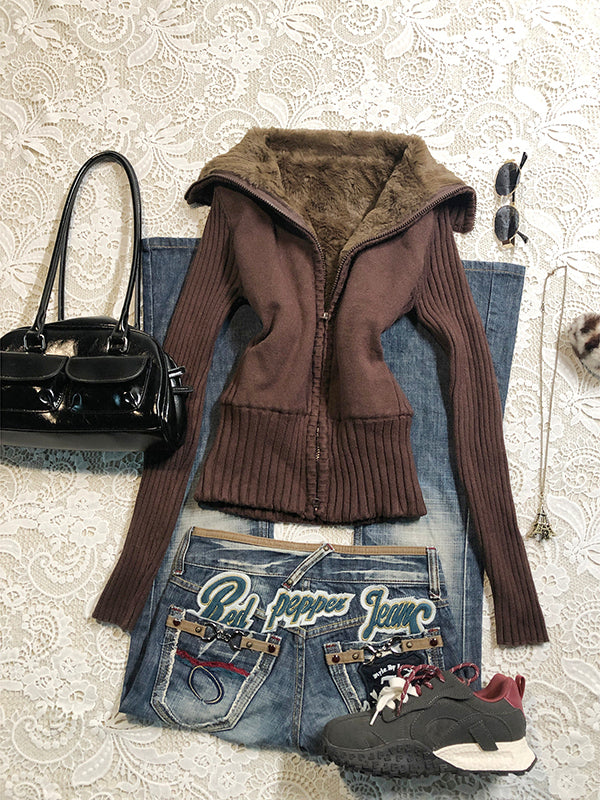 brown turtleneck slim sweater jacket