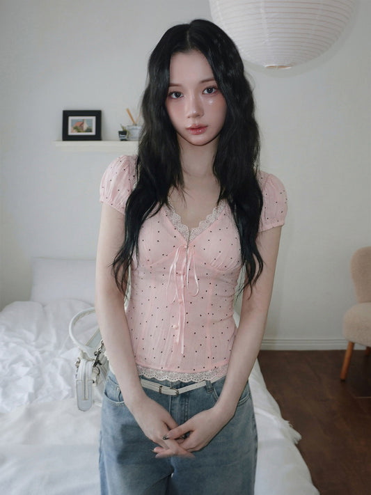 lace trim v-neck bow shirt