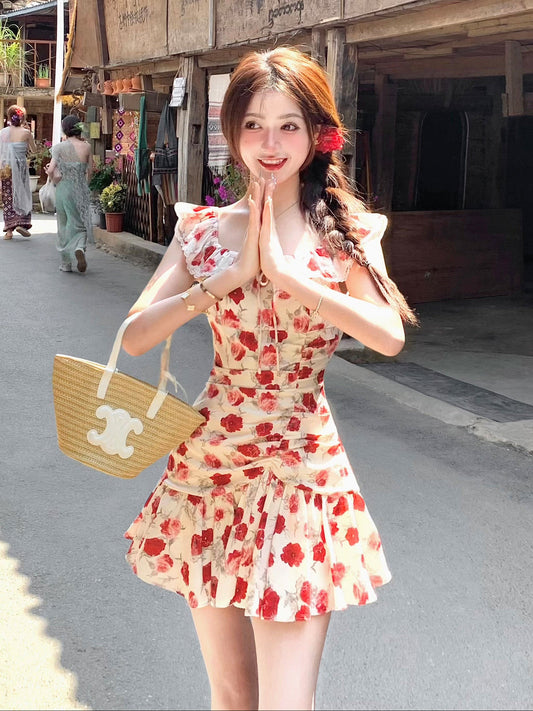rose floral ruffled dress