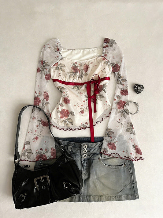rose strap mesh long-sleeved top