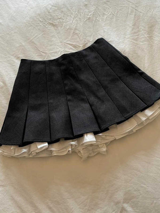 Retro Black Splicing Pleated Skirt
