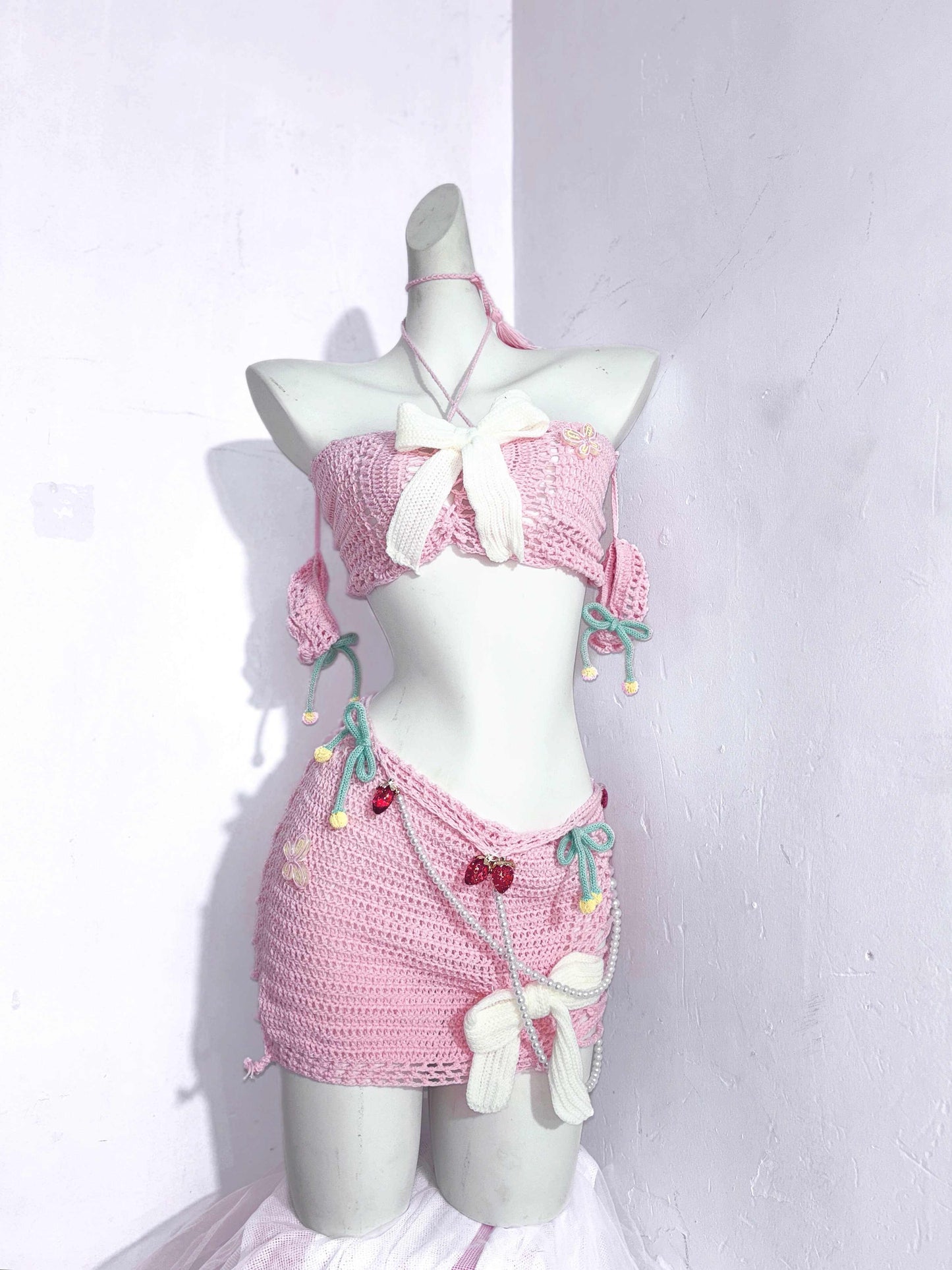 Strawberry Cream Handmade Wool Crochet Pink Coord
