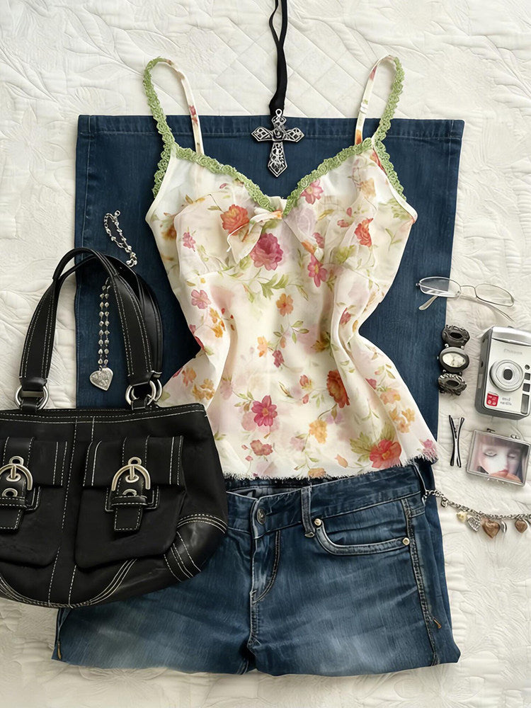 floral green lace tank top