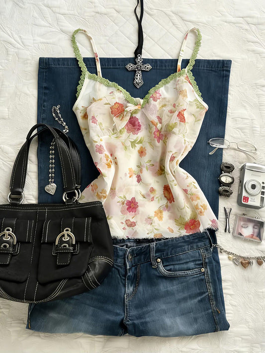 floral green lace tank top