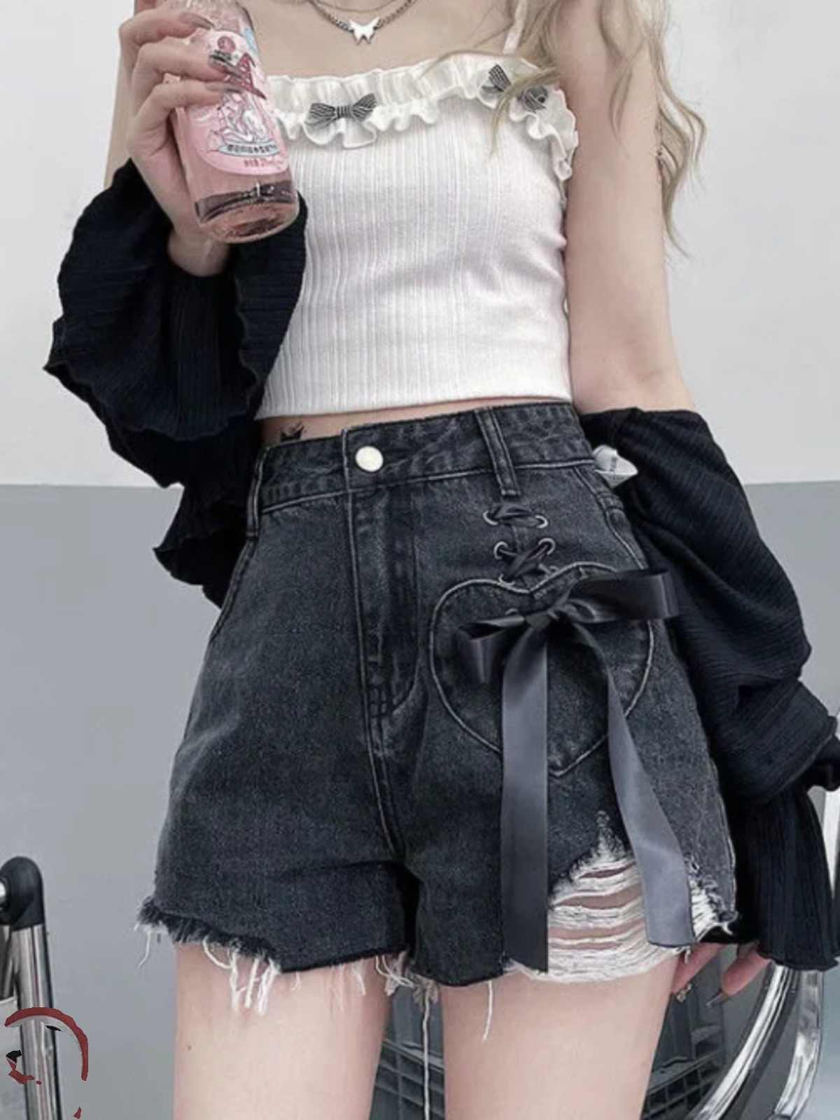 Bow-tied Ripped Denim Shorts