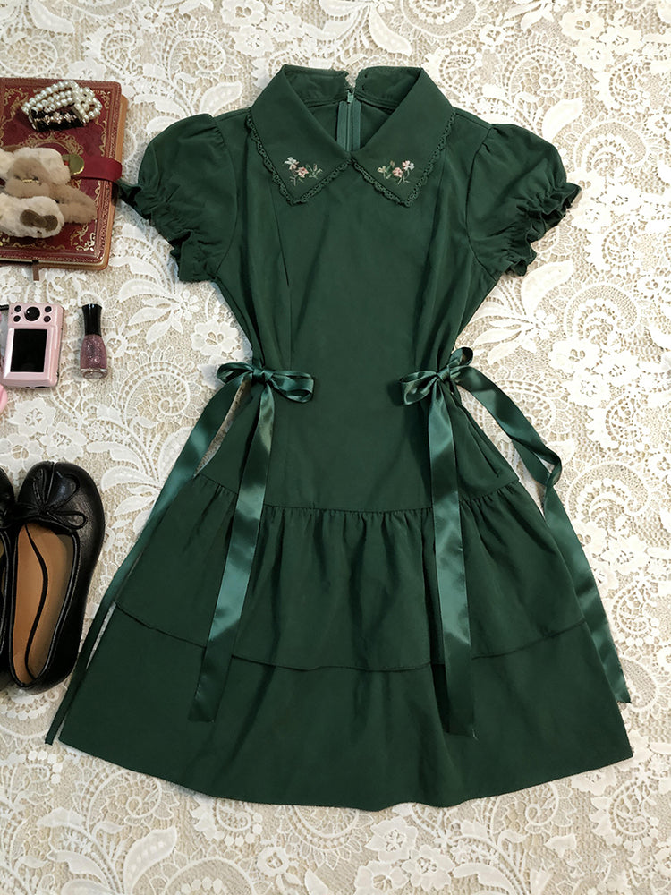 retro green lapel puff sleeve dress