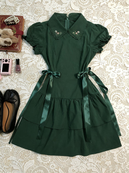 retro green lapel puff sleeve dress