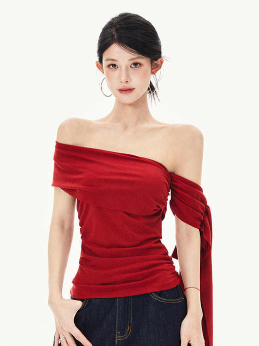 Oblique Shoulder Ribbon Top