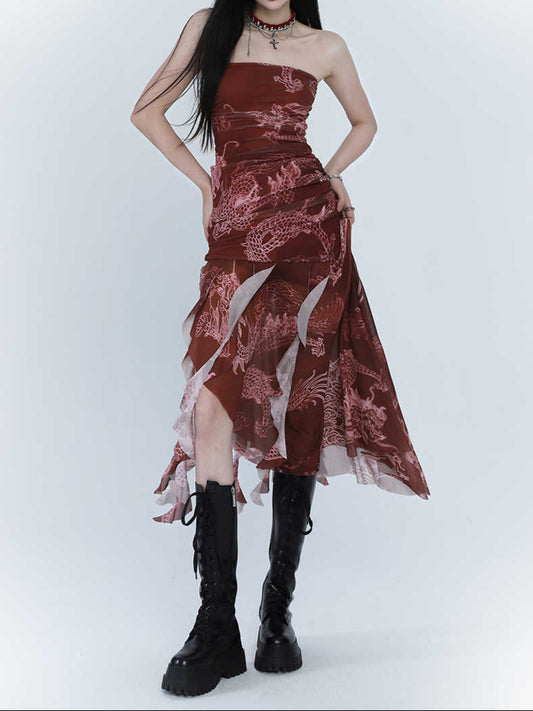 Dragon Print Red Irregular Dress