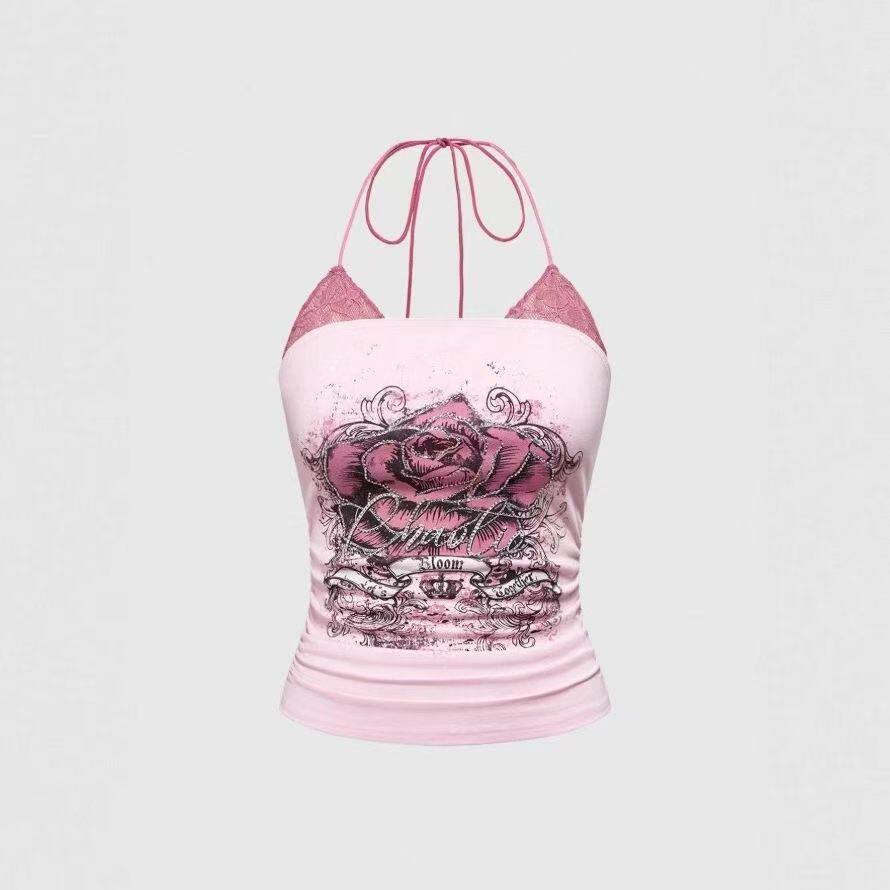 Vintage Pink Faux-Layer Lace Halter Top