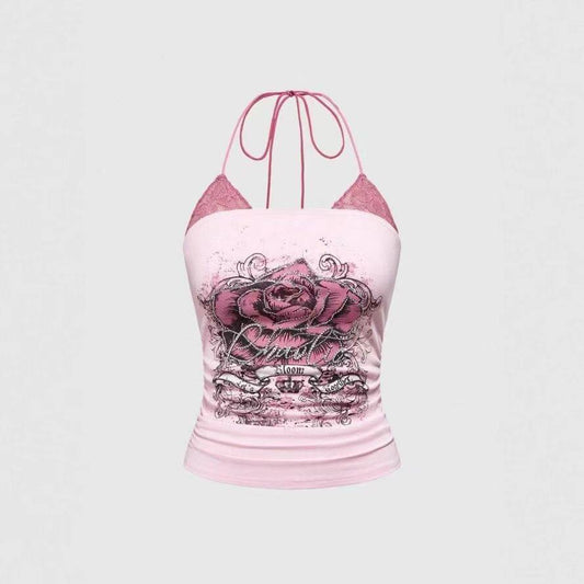 Vintage Pink Faux-Layer Lace Halter Top