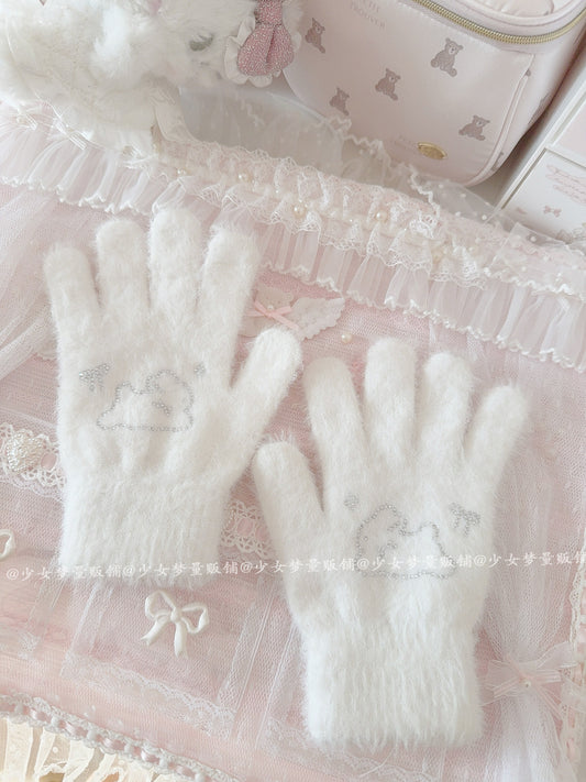 Cute Rhinestone Bunny Fingered Plush Gloves