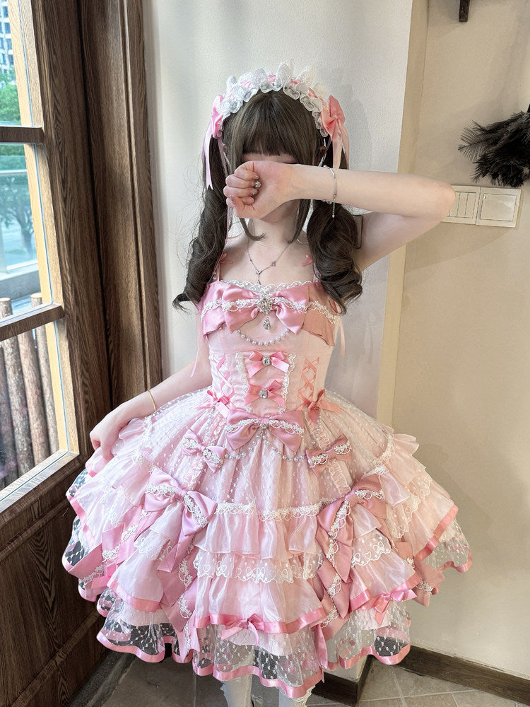 balletcore pink bow lace lolita dress