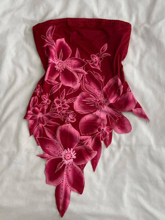 Red Floral Strapless Top