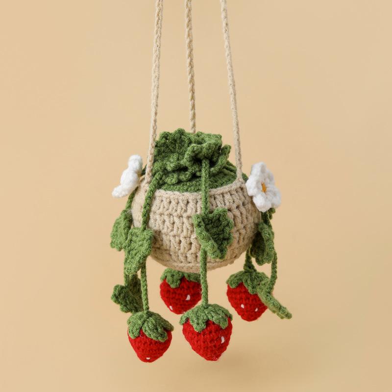 DIY woven strawberry flower basket car pendant