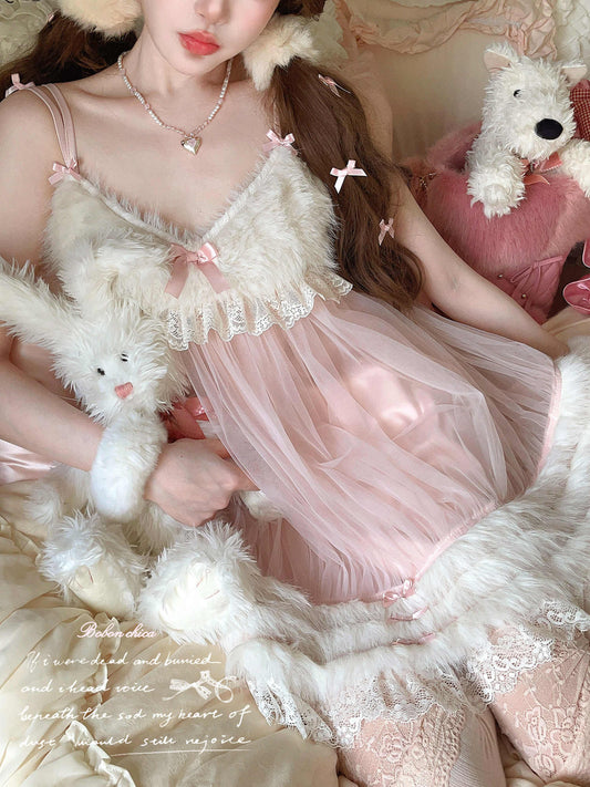 Bow Plush Mesh Pajama Dress