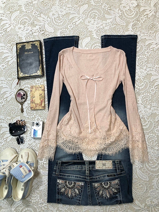 retro pink lace chiffon long-sleeved top