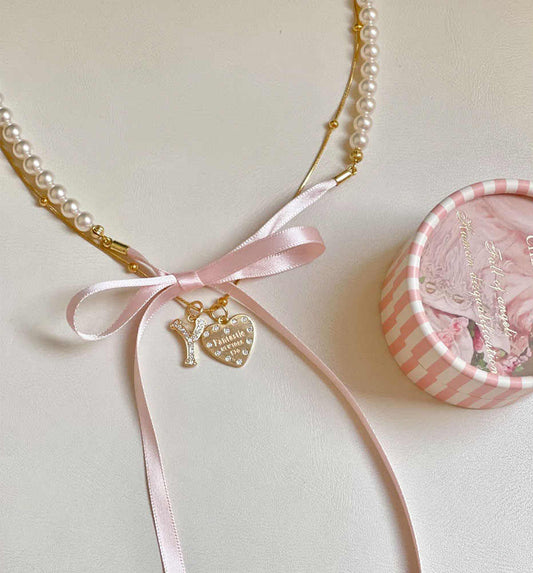 Bow Pearl Love Letters Necklace