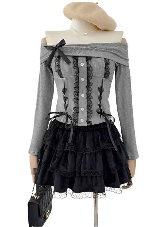 Off-shoulder Bow Dark Coquette Knitted Top Coord