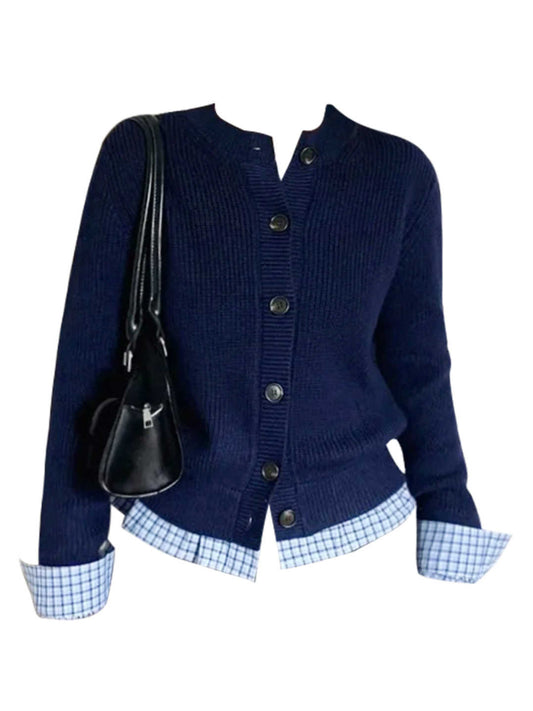 Preppy Plaid Splicing Knitted Cardigan