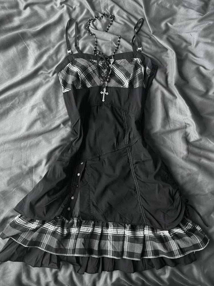 y2k plaid gray suspender dress
