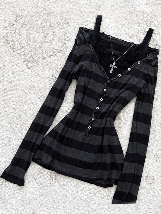 goth striped off-shoulder long-sleeved top