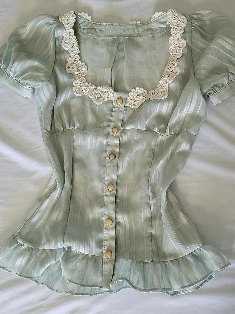 French Retro Green Lace Top
