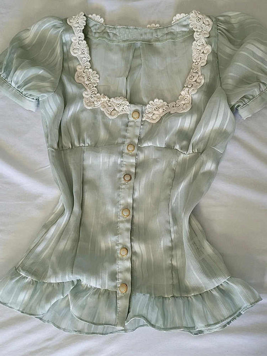 French Retro Green Lace Top