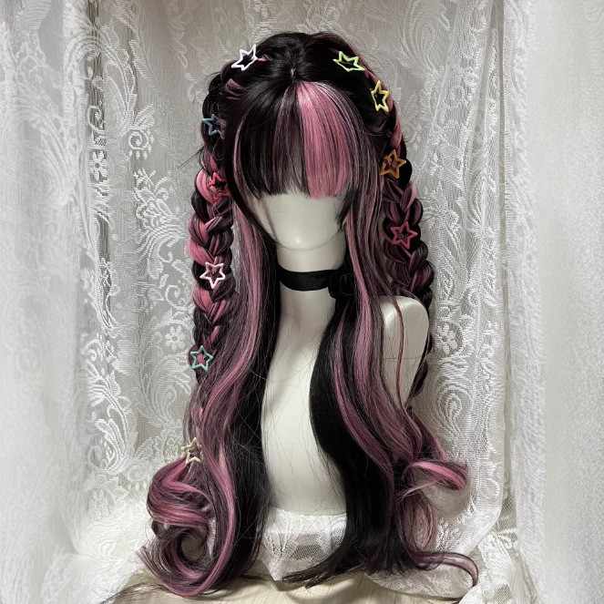 Black&Pink Long Curly Wig