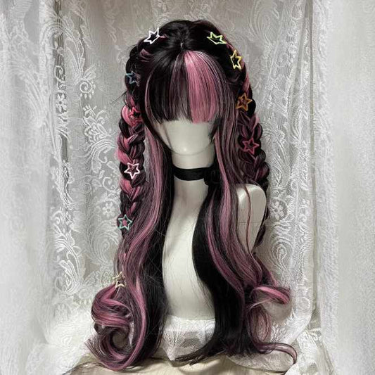 Black&Pink Long Curly Wig