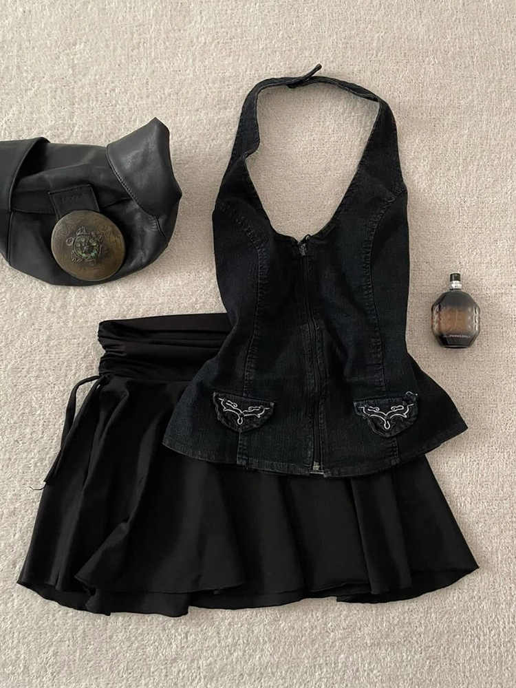 Y2K Retro Black Denim Coord