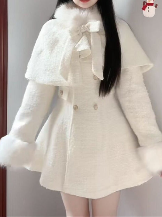 Cape Coat + Double-Breasted Bow Dress 2-Piece Set