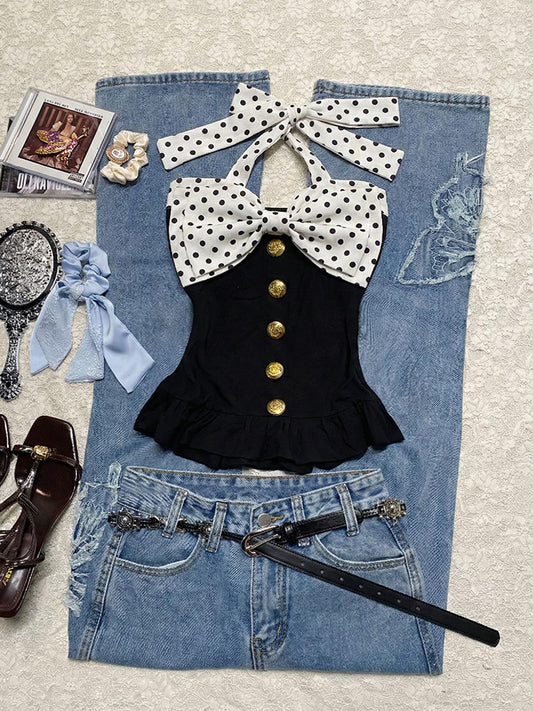 polka dots bow halter top