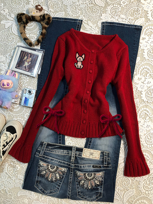 red cartoon V-neck knitted cardigan