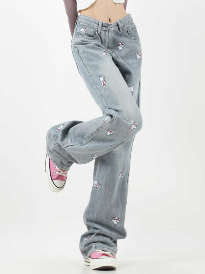 Acubi Cute Blue Rabbit Embroidered Jeans