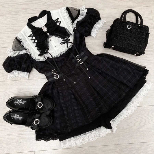 Landmine Short-sleeved Lace Bow Dress