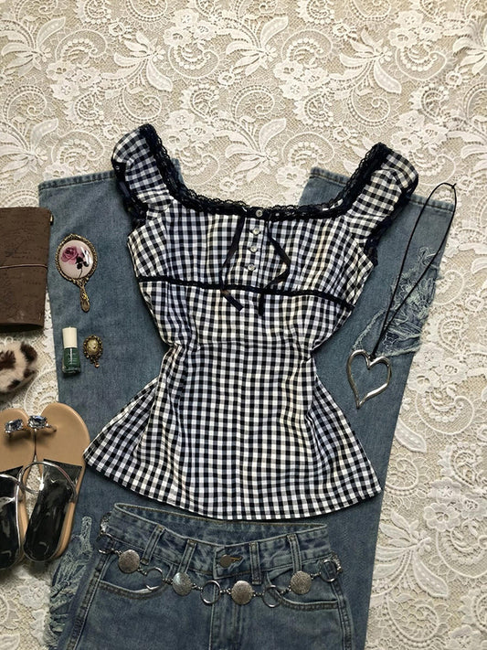 dark coquette plaid bow shirt