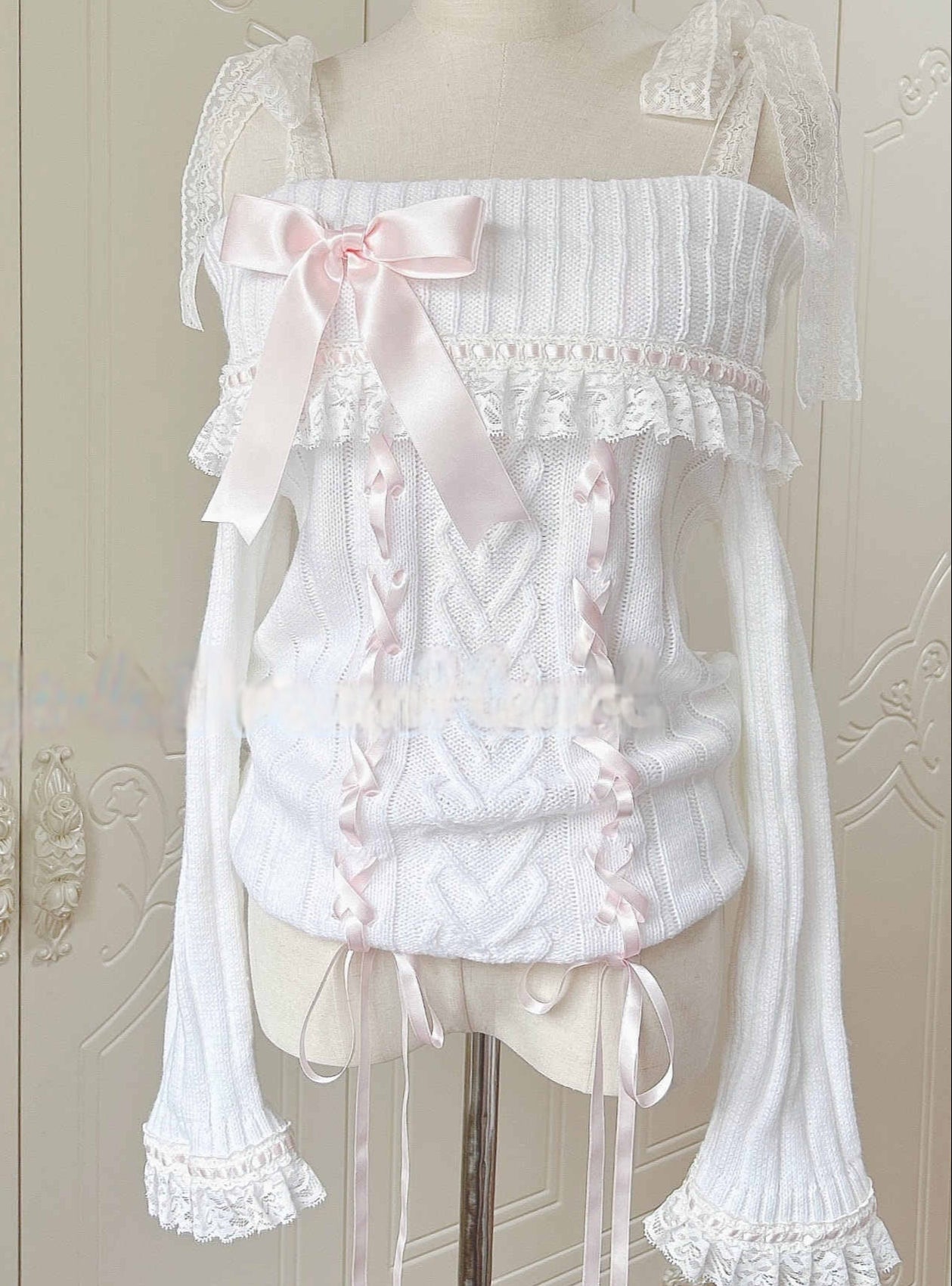 Fairy Retro Lace Bow Off-shoulder Sweater