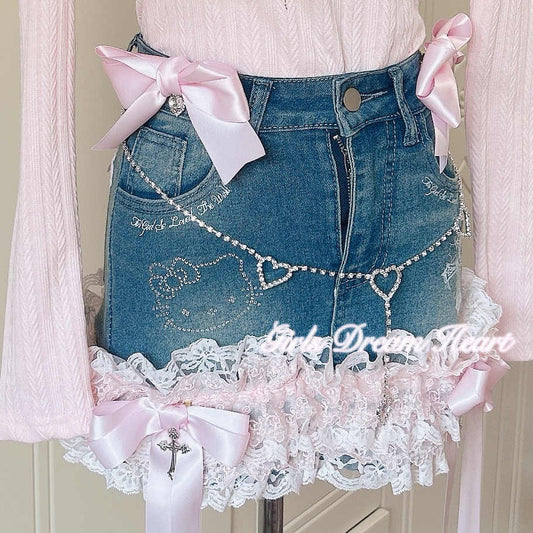 Coquette Lace Bow Dollete Denim Skirt