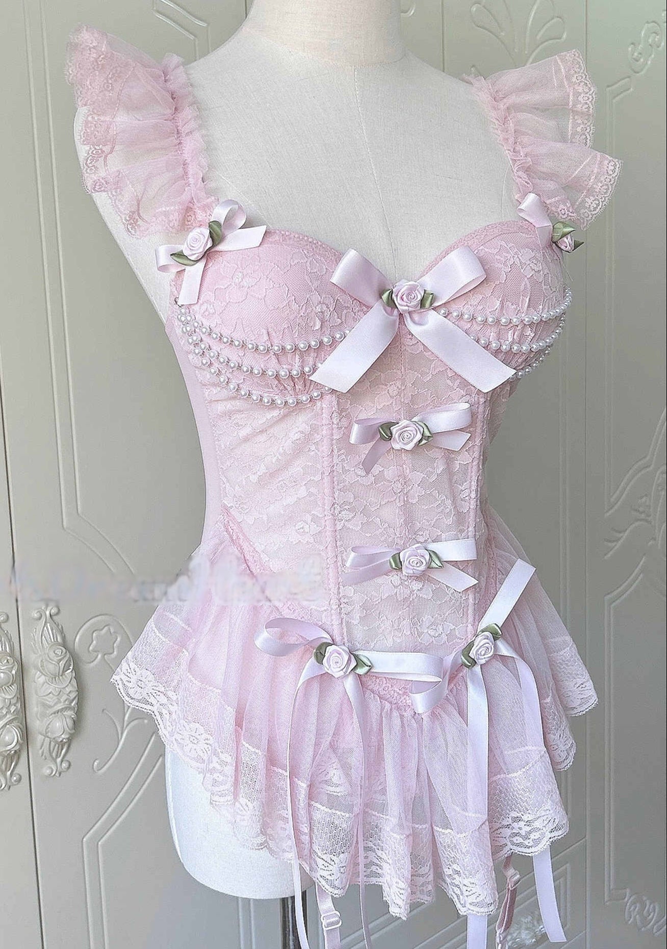 Dollete Lace Bows Fishbone Pink Corset