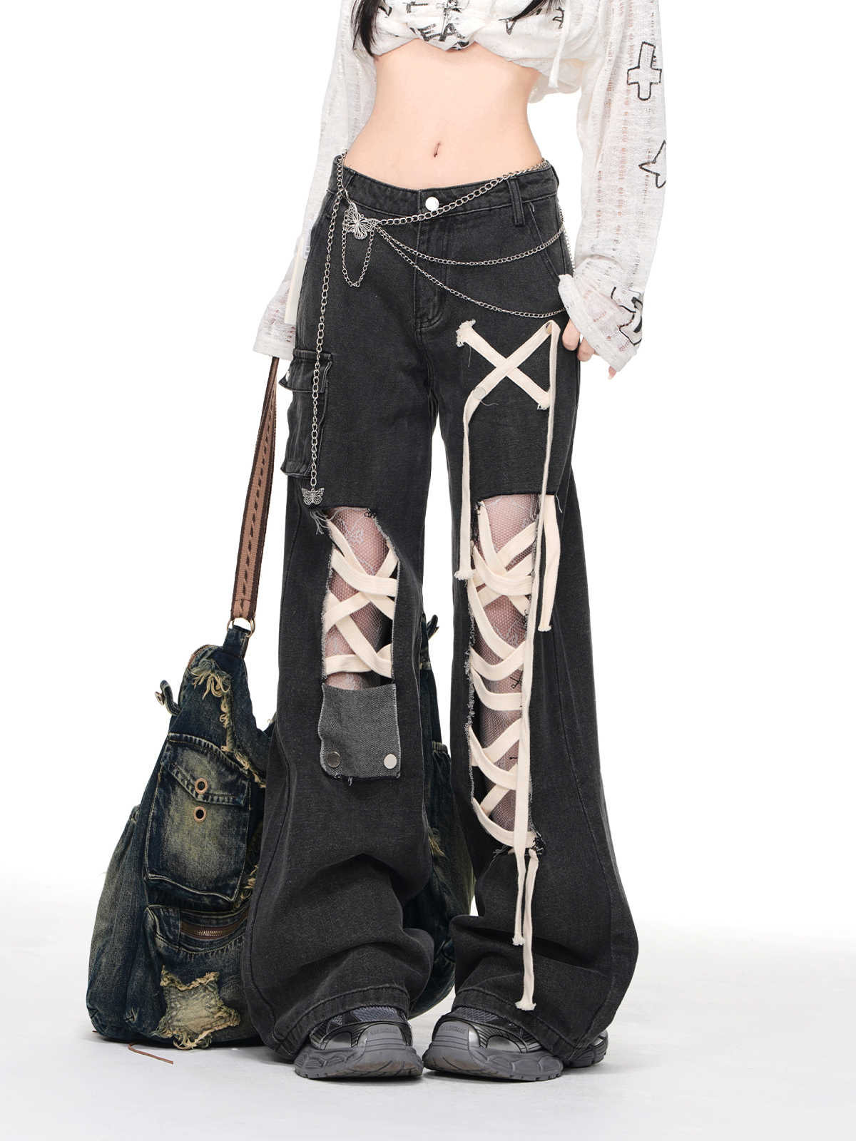 Grunge Street Straps Ripped Wide-leg Jeans