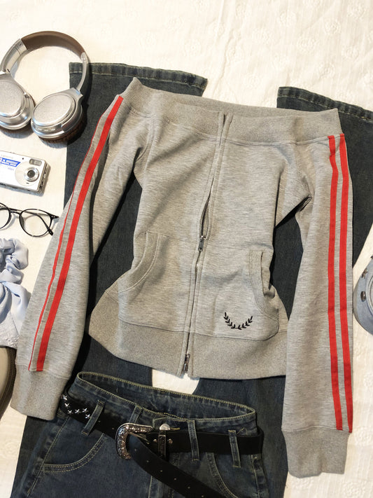 vintage sports striped off-shoulder jacket