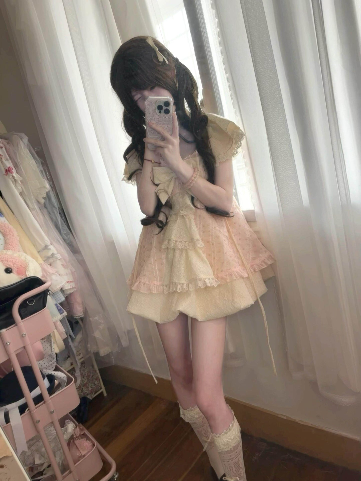 Lace Bow Puffy Dress 2-Piece Set