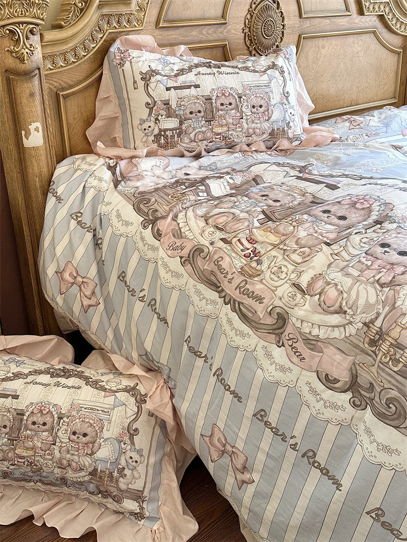 Little Bear Tea Party lolita washed cotton sheet four-piece set