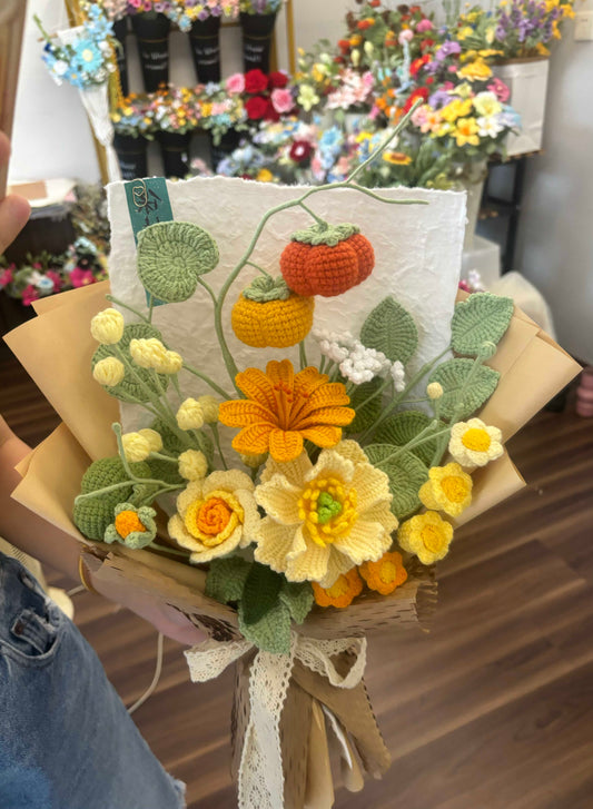 Finished hand-knitted wool crochet bouquet